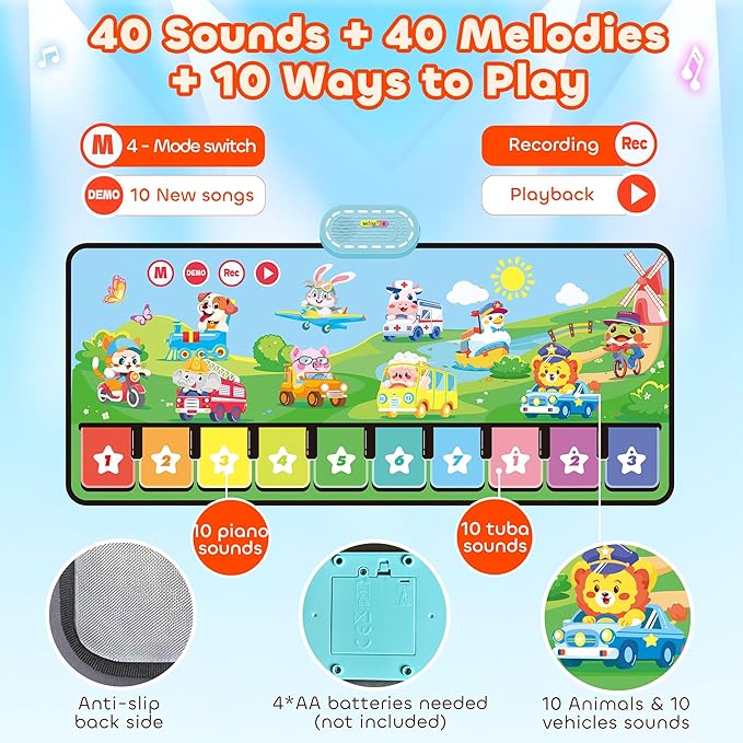 MOMUSE Piano Music Mat with 80 Sounds, Large Animal Car Touch Blanket Playmat Carpet Musical Toddlers Toys 1-3, Floor Keyboard Dance Sensory Educational Mat Boys Girls Gifts for 1 2 3 4 5 Years Old