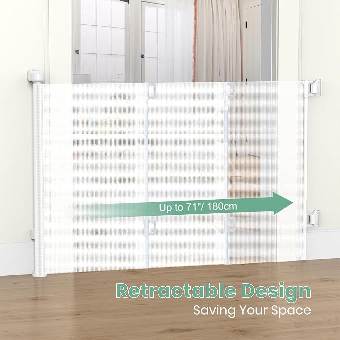 HAMOPY Retractable Baby Gate, 33" Tall, Extends up to 71" Extra Wide Baby Gate, Durable Auto-Lock Mesh Dog Gate, Pets and Child Safety Gates for Stairs, Doorways, Hallways, Indoor, Outdoor(White)