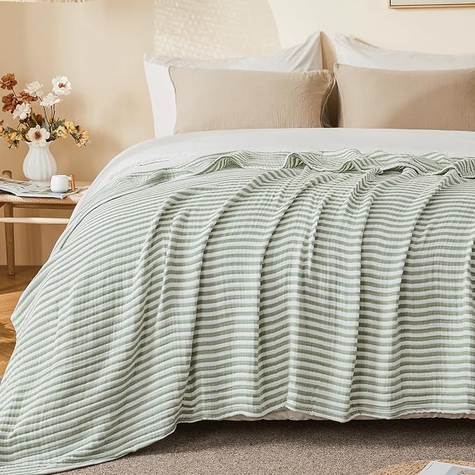 EMME Cotton Muslin Large Throw Blanket Couch 4-Layer Breathable Gauze Soft Lightweight Bed Blankets Adults (Striped Sage Green, 50"x71")