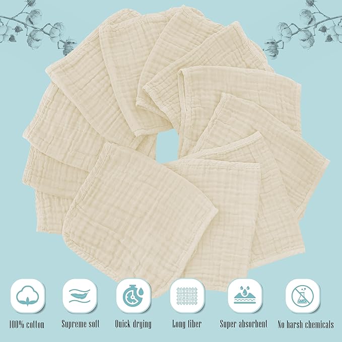 Cute Castle 12 Pack Muslin Burp Cloths for Baby - Ultra-Soft 100% Cotton Baby Washcloths - Large 20'' by 10'' Super Absorbent Milk Spit Up Rags - Burpy Cloths for Unisex, Boy, Girl - Ivory