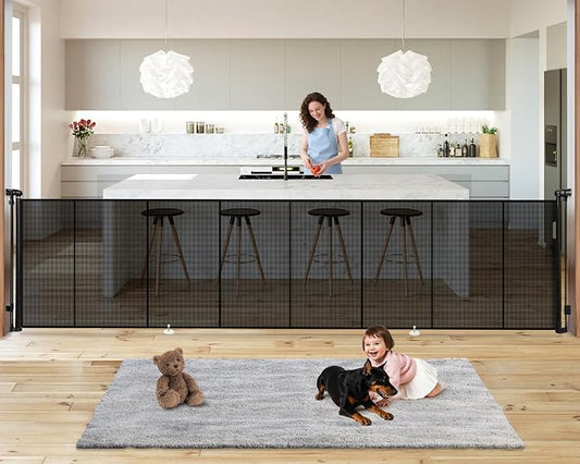 19.7ft Retractable Baby Gates Dog Gate - 236" Extra Wide Expandable Child Safety Gate,37" Tall Toddler Pet Mesh Gate with Reinforced Strips for Doorways,Stairs,Hallways,Outdoor & Indoor Large Openings