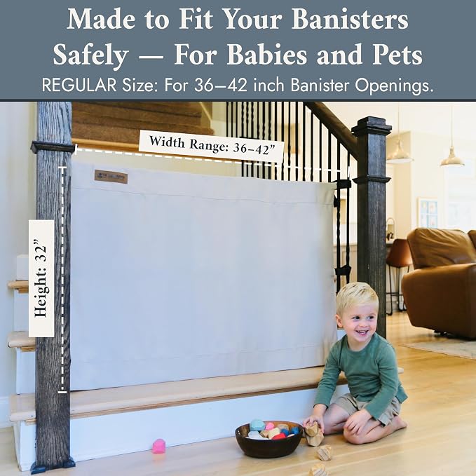 The Stair Barrier First Fabric Banister to Banister Baby Gates for Stairs 36”–42” Wide x 32” Tall– No Drill Baby Gate for Top or Bottom Staircase, Machine-Washable Climb Proof, Designed in USA, Cream