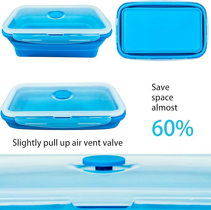Plus 4PCS Foldable Silicone Food Storage Containers for Kitchen Storage for Leftovers Fruits and Meal Prep Dishwasher Safe Microwave Safe Ideal for Home and Travel (blue, 27OZ)