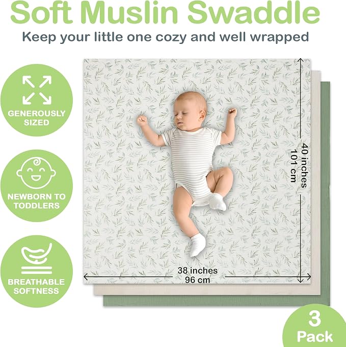 100% Organic Cotton Muslin Baby Blanket - 38x40 Inch Breathable Swaddle, Hypoallergenic Double-Layer, Versatile Use (Green/Ivory/Floral, 38x40 Inch)