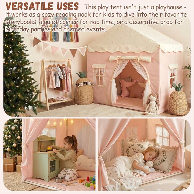 Kids Play Tent with Double Door Children's Playhouse Tents - Portable Fantasy Adventure Castle for Girls, Kids Tent with Mat, House Toys for Girl Birthday, Christmas House Gift