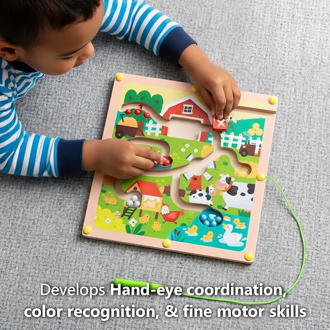 QimuMku Magnetic Color & Number Maze Farm Montessori Wooden Activity Board for Toddlers 1–5 Counting & Matching Game Fine Motor Skills Toy for 2 3 4 Year Old Boys Girls Road Trip Essentials