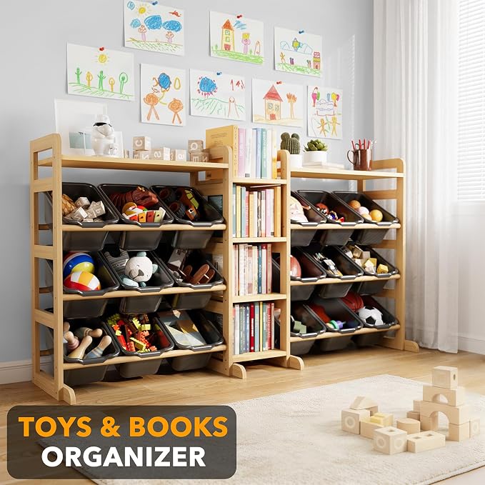 SpaceAid Large Toy Storage Organizer with 6 Shelves and 18 Bins, Book Shelf Organizers Storage Bookshelf, Kids Bin Shelf Box Bookcase for Bedroom Playroom Organization Room Decor, True Black