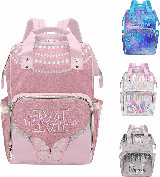MyPupSocks Custom Butterfly Diaper Bag Backpack for Mom Daughter Granddaughter - Personalized Nappy Mommy Bag Backpack Diaper Bag in Pink with Name