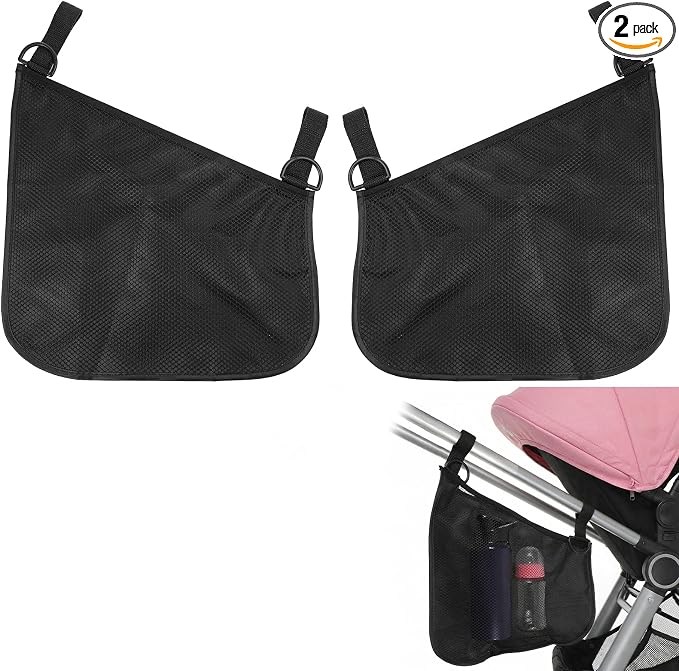 2 Pack Side Sling Stroller Organizer, Universal Portable Side Sling Stroller with Mesh Cargo Net, Black Adjustable Mesh Storage Bag with Non-Slip Straps for Extra Cargo Space
