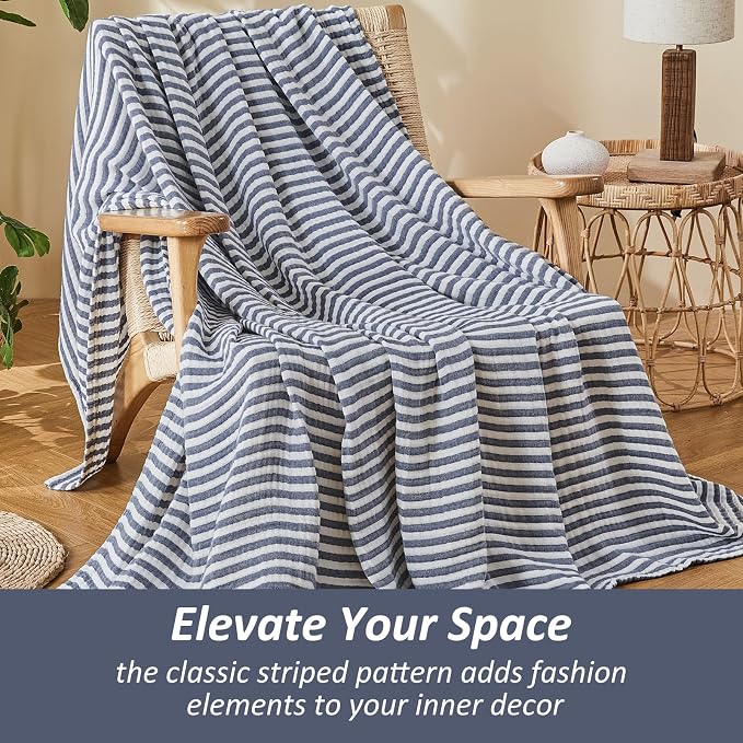 EMME Cotton Muslin King Blanket Bed Layering Bedspread Coverlet Breathable Gauze Soft Lightweight (Striped Navy, 108"x90")