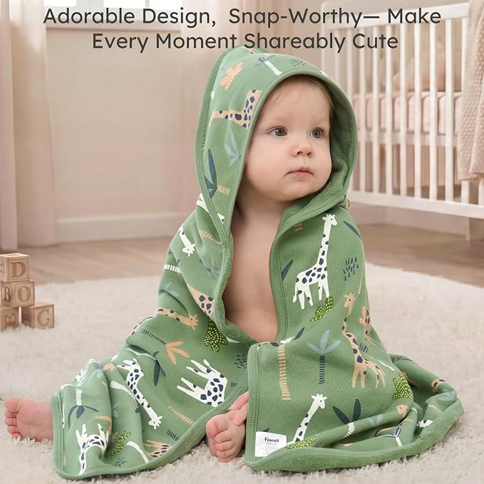 Hooded Baby Towels for Newborn,100% Cotton Baby Bath Towels with Hood for Infant Toddler Boy Girl, 2 Pack 32x32 Inch Soft & Absorbent Knit Terry Bath Essentials Green Giraffe
