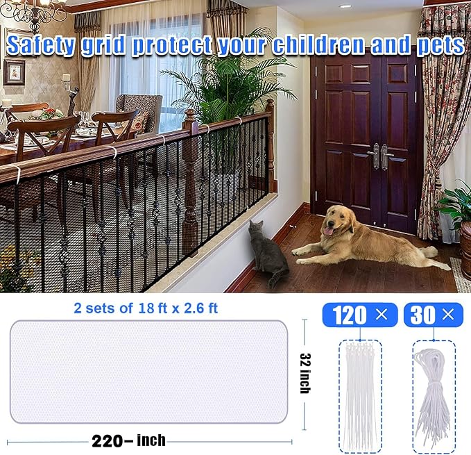 Baby Gate for Stairs, Banister Guard for Kids, Pets, Toys, 2 Set 18 ft L x 2.6 ft H Mesh Netting Safety Net for Balcony Rail Stair, Stairway Net Safety Products for Indoor & Outdoor (White)