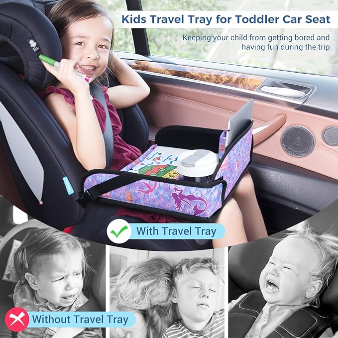 COOLBEBE Kids Travel Tray for Toddler Car Seat, Travel Tray for Airplane, Toddler Car Seat Lap Tray, Carseat Table Tray for Kids Travel Activities (Mermaid