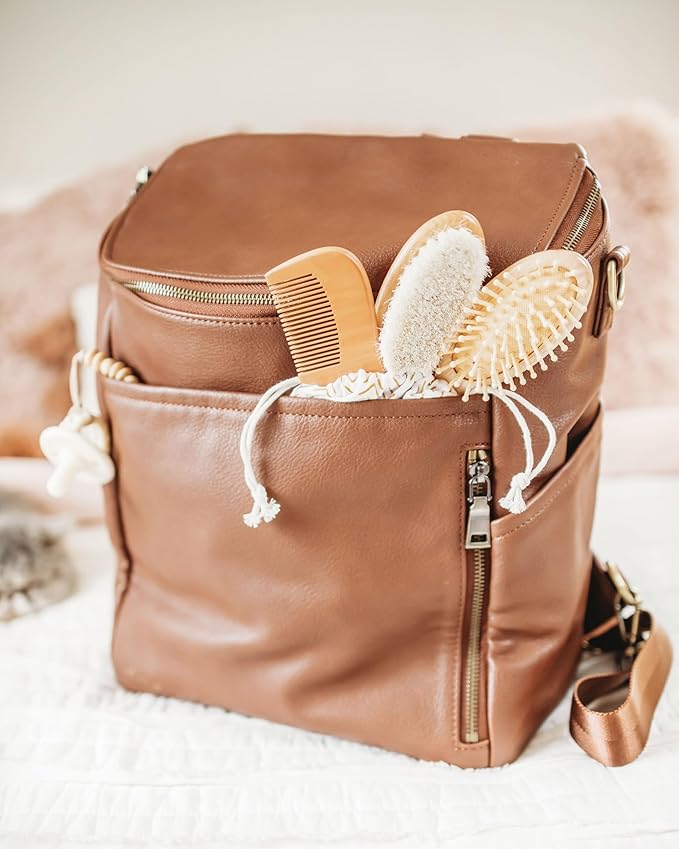 Natural Baby Brush Set - Wooden Brushes and Comb With Boho Travel Bag for Girl or Boy - Soft Goat Hair Brush for Cradle Cap, Bamboo Toddler Brush, Newborn Hairbrush for Scalp Grooming