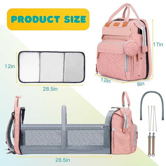 Diaper Bag, Baby Essentials, Multi-functional Large-capacity Diaper Bag Backpack, Best Gift for Newborns with Diaper Changing Station, Travel Essentials Diaper Bag Backpack (Pink)