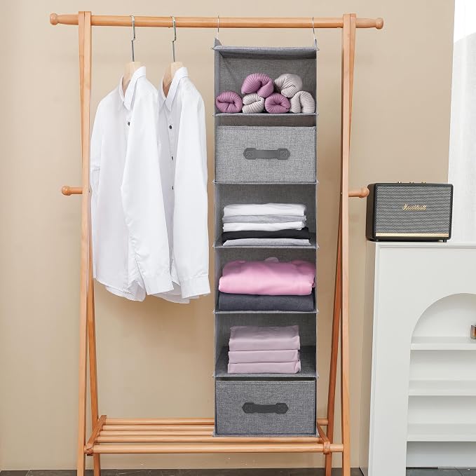 Large Hanging Sweater Organizer for Closet,Collapsible 6-Shelf Hanging Closet Shelves with Drawers, Washable (Grey-6 Shelf-2 d)