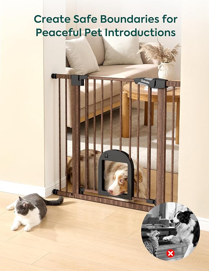 Babelio CatPrivilege ??Baby Gate with Cat Door, 29"-43" Adjustable Black Wood Pattern Pet Door, 30" Tall Pressure Mounted Safety Gate for Stairs & Doorways, Auto Close,Wall Protectors Included