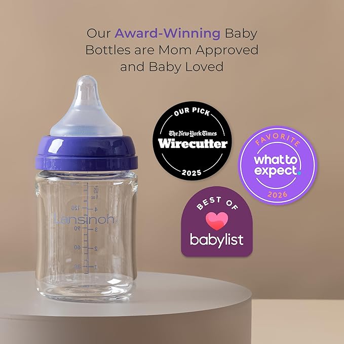 Lansinoh Anti-Colic Glass Baby Bottles, 5 Ounces, 4 Count Bottles for Feeding, Baby Essentials, Includes 4 Extra Slow Flow Nipples, Size XS