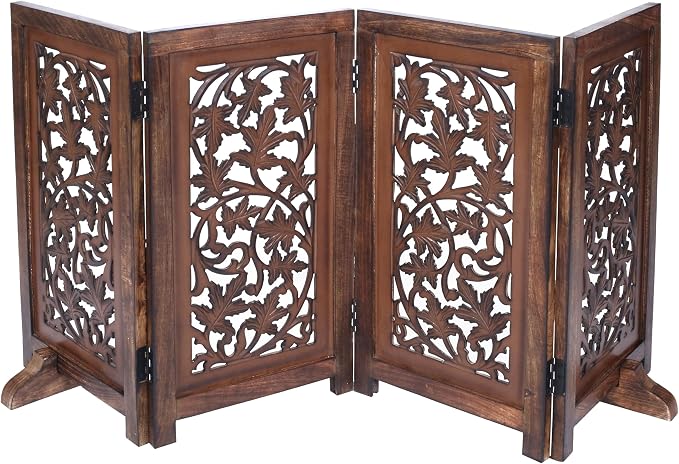 Folding Dog Gate for Indoor Use, 4 Panel Free Standing Wooden Pet Barrier, 56x28 Inch Decorative Lucy Design Dog Fence for Doorway, Stairs, or Hallway, Natural Burnt
