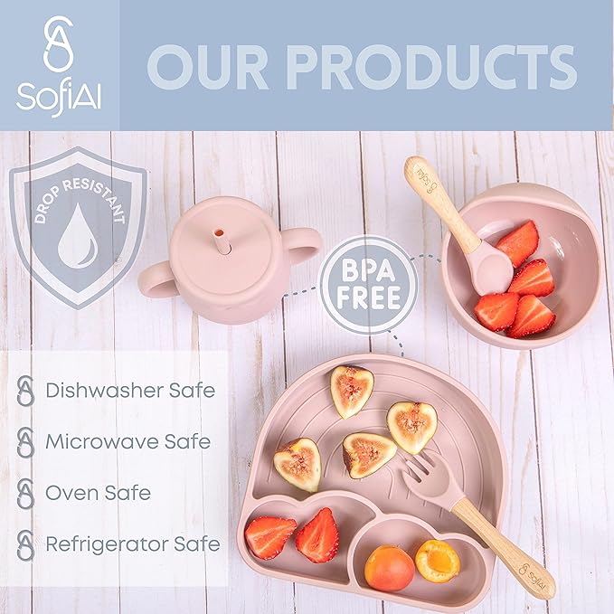 BPA-Free Non-Toxic Silicone Baby Feeding Set ??Suction Plate, Bowl, Bib & Cup ??11-Piece Baby Led Weaning Set for Ages 6-18 Months ??Eco Gift Bag (Rose Pink)