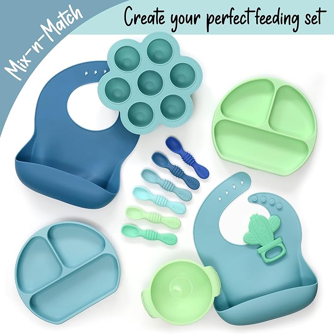 PrimaStella Unbreakable Silicone Non-Slip Bowl and Chew Spoon Set for Babies and Toddlers (Blue)