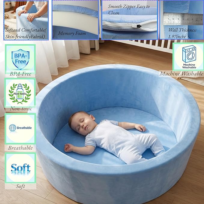 Foam Baby Ball Pit, 35.4"x 11.8" Ball Pits for Toddlers, Soft Round Kiddie Playpen Ball Pool for Kids with Soft Memory Sponge, Ideal Gift for Babies Indoor and Outdoor Game,Blue(Balls not Included)