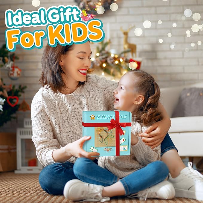 Skrtuan Wooden Geoboard for Kids - Montessori STEM Educational Toy with Pattern Cards & Rubber Bands,Early Fine Motor Skill Learning Shape Puzzle & Brain Teaser Geo Board for Boys Girls Ages 3+