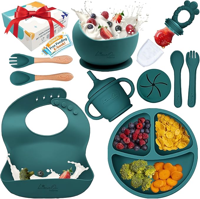 Silicone Baby Feeding Set, 10 Pcs Baby Led Weaning Supplies | BPA-Free Baby Dishes with Toddler Plates and Bowls Set, Silicone Bib, Suction Cup, Baby Spoons & Forks | Empower Independence ??Green