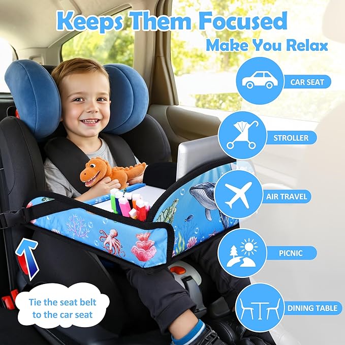 Kids Travel Tray for Toddler Carseat, Road Trip Activities Essentials for Toddler, Kids Lap Desk Tray with Tablet Holder Stand ï¼?Dry Erase Board (Whale)