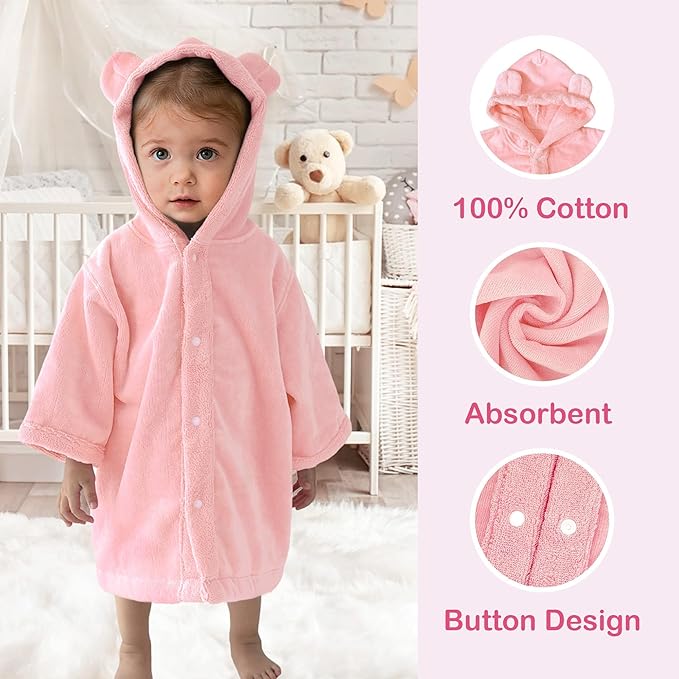 VOOVA & MOVAS Baby Hooded Towel with Bear Ear,0-24Months | 100% Cotton, Ultra-Soft & Absorbent | Gentle for Sensitive Skin, Bath, Pool & Beach Robe | Newborn (Pink)