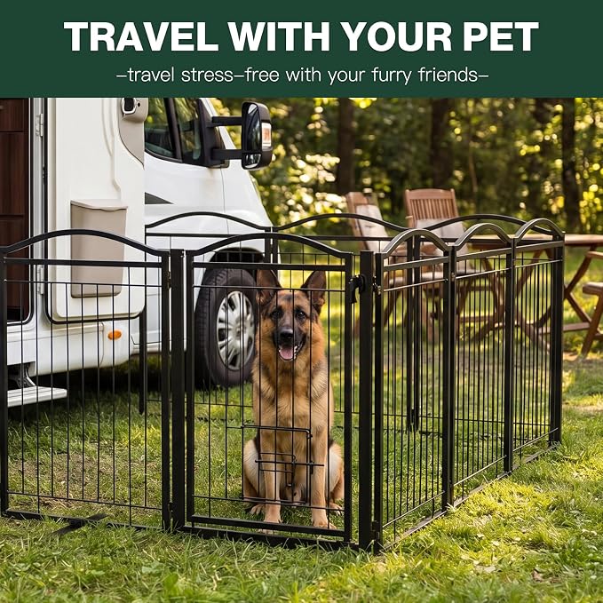 Metal Freestanding Dog Gate with Cat Door for Indoor & Outdoor,34" Tall Foldable Dog Fence,80" Extra Wide Freestanding Pet Gate for Large Openings,RV Camping,Stairs,Deck,Yard,Doorways(4 Panels,Black)