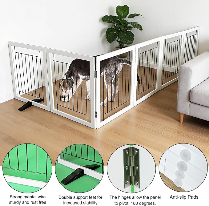 Dog Fence Indoor - 6-Panel Freestanding Dog Gate for Doorways, Hallways, House or Stairs -120x24-Inch Retractable Foldable Expandable Wood Pet by SFJC (White)
