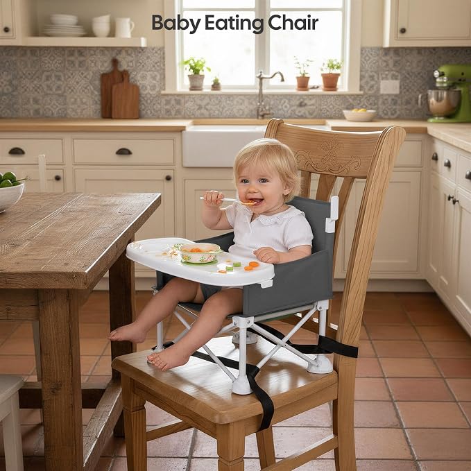 Cochildor 4-in-1 Portable Baby Chair, Foldable Toddler Booster Seat with Removable Tray, Canopy & Safety Harness, Gray
