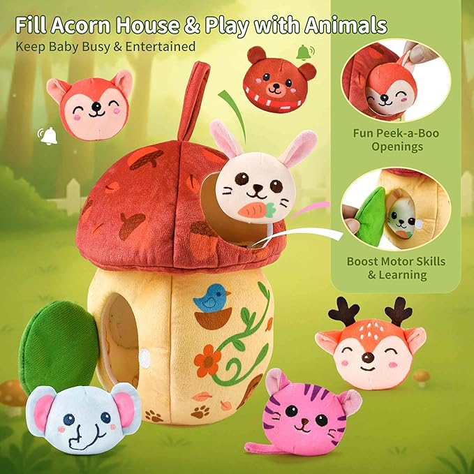 Montessori Toys for 1 Year Old & 6–12 Months Babies, Sensory Developmental Playset with Acorn House, Plush Animals & Cloth Book, Valentines Day Gifts, Easter Basket Stuffers