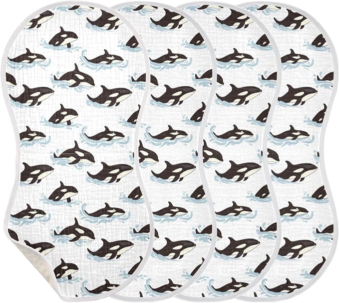 Muslin Burp Cloths for Baby Boys and Girls - 4-Pack Ultra Absorbent Killer Whale Orca Muslin Washcloths, Newborn Towel, Milk Spit Up Rags, Burp Cloth Bib for Unisex, 22 x 11 Inch