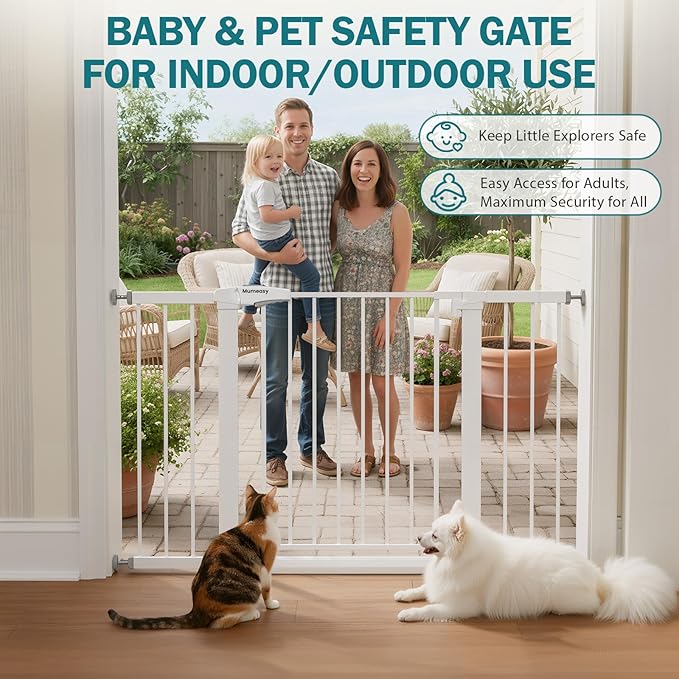 Mumeasy 29.7??8" Baby Gate for Stairs, Dog Gate for Doorways, Auto Close Child Gate, Indoor Safety Pet Gate with Walk Thru Door, Easy Install Pressure Mounted Extra Wide Gate for Kitchen, House,White