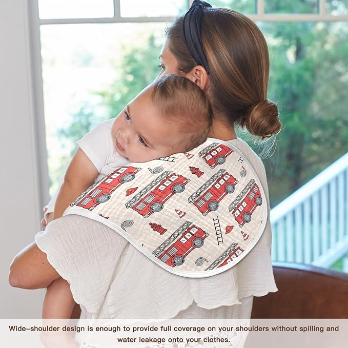 Muslin Burp Cloths for Baby Boys and Girls - 4-Pack Ultra Absorbent Fire Truck Muslin Washcloths, Newborn Towel, Milk Spit Up Rags, Burp Cloth Bib for Unisex, 22 x 11 Inch