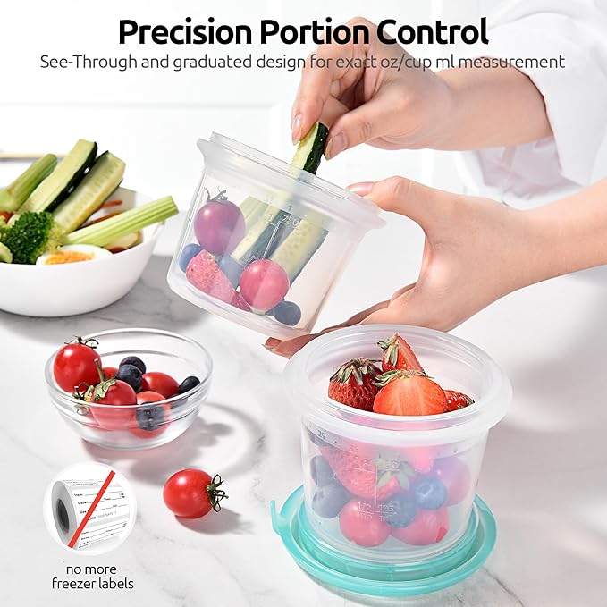 U-Taste 1 Cup Silicone Food Container: Small Kitchen Storage with Airtight Lid, Freezer & Microwave Safe, Fruit Box with Date Marking Circle, Clear Stackable for Meal Prep Portion (Set of 2, Aqua Sky)