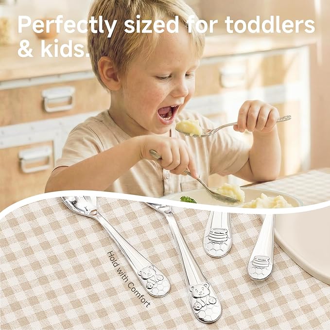 KINGSTONE Toddler Utensils Set, 6-Piece Small Forks & Spoons, 18/10 Stainless Steel, Ergonomic Self-Feeding Children?™s Flatware for Home, Travel & Preschool, Honey Bear Print