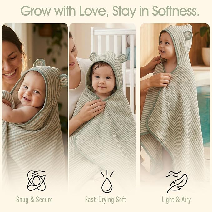 Ultra-Soft Muslin Toddler Hooded Towel – 55 x 28 Inches, Made with Organic Cotton, Gender-Neutral Sage Green Striped Jacquard Pattern, Ideal for Bath & Beach, Newborn to Toddler