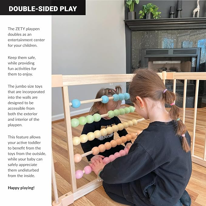 ZETY Natural Wood Baby Playpen ??8 or 10 Panel Foldable Play Yard with Door Panel and Built-in Toys, CPC Certified & SGS Tested