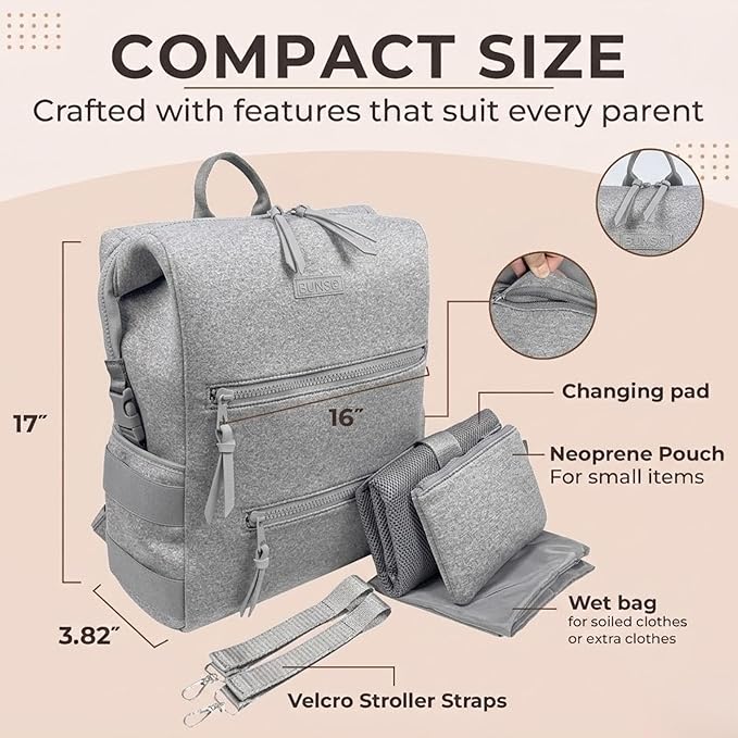 BUNSO Neoprene Diaper Bag Backpack, Water-resistant, Travel Baby Bag With Changing Pad, Stroller Straps, Wet Bag and Pouch (Gray)