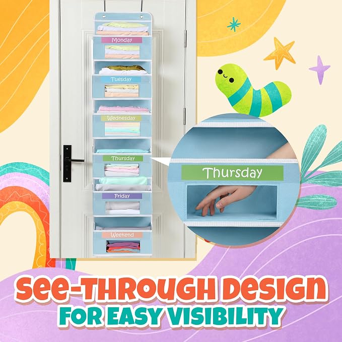 Houseables Weekly Clothes Organizer for Kids, Days of the Week Clothes Organizer, Kids Closet, Daily Outfit Storage, Monday Through Friday Clothing, Weekday, M-F, School, Hanging, Over Door, 6 Shelf