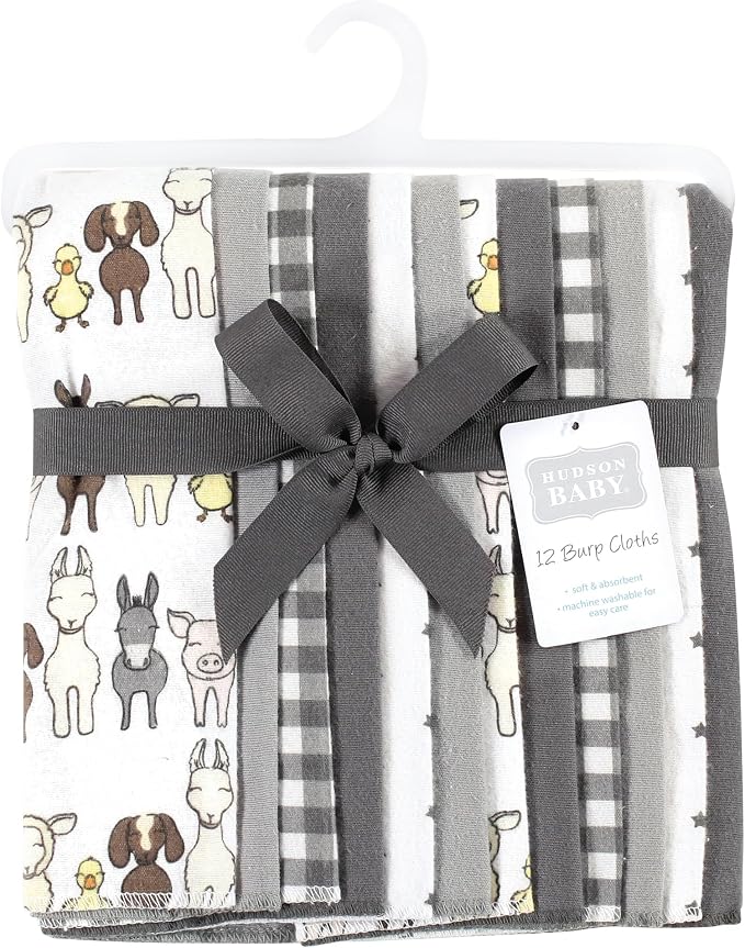 Hudson Baby Unisex Baby Cotton Flannel Burp Cloths Bundle, Farm Friends Grey, One Size