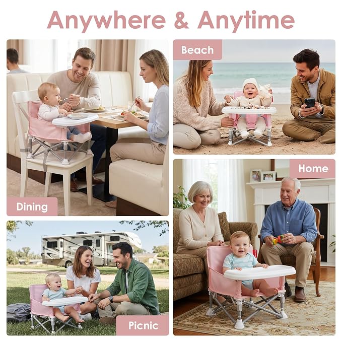 Tiny Marvels Portable Booster Seat, Foldable Baby High Chair with Removable Tray, Safety Harness & Carry Bag – for Toddlers Ages 6M-3Y, Ideal for Dining, Travel, Camping & Family Time