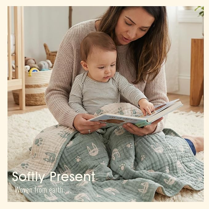 6-Layer Muslin Baby Blanket Made with Organic Cotton - Cute Bunny Rabbit Jacquard Swaddle & Crib Quilt, 43”x 43”,Sage Green Bunny