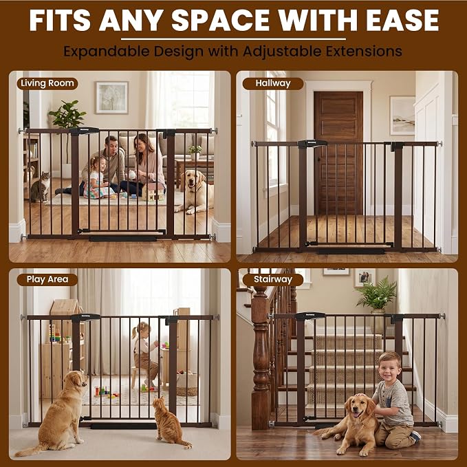Mumeasy 29.7–51 Inch Extra Wide Baby Gate for Stairs, Extra Long Indoor Dog Gate for Doorways, Pressure Mounted Walk Thru Child Gate with Auto-Close, No-Drill Safety Pet Gate with Door for House,Brown
