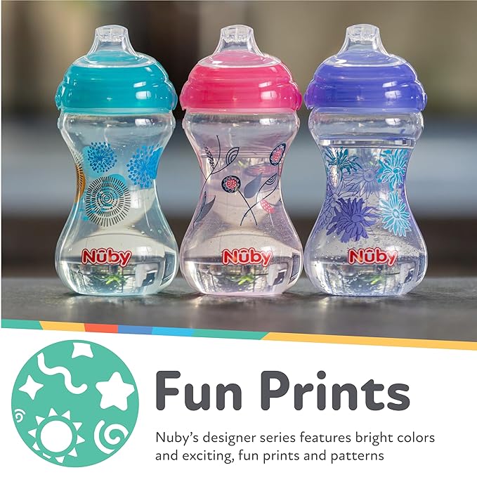 Nuby Clik-It No-Spill Baby Sippy Cup with Soft Spout - (3 Pack) 10 oz - 6+ Months - Pink/Purple/Aqua