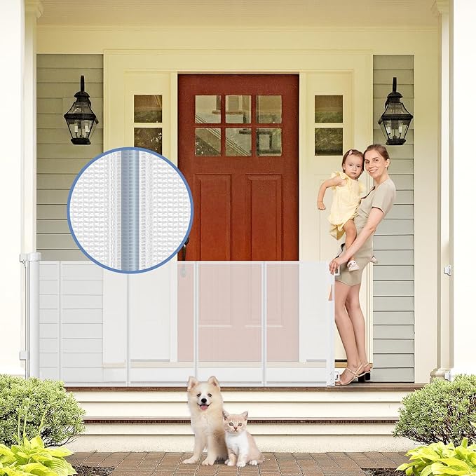 Reinforced Retractable Baby Gates with Support Rod 60" Wide Retractable Baby Gate for Stairs Retractable Dog Gate Outdoor Retractable Gate Outdoor Prevent Babies and Pets from Squeezing Under The Gate