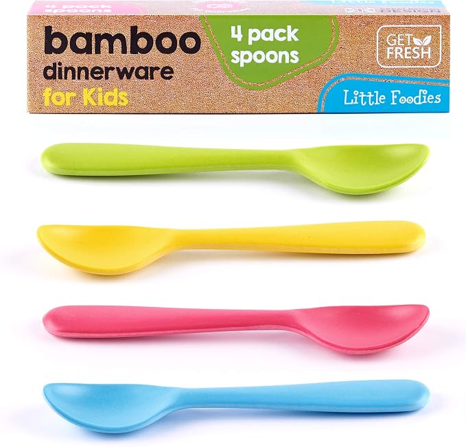 GET FRESH Bamboo Kids Spoons Set – 4-pack Reusable Bamboo Fiber Kids Spoons for Everyday Use – Large Bamboo Kids Cutlery for Daily Mealtime – Colorful Bamboo Utensils for Toddlers and School Children